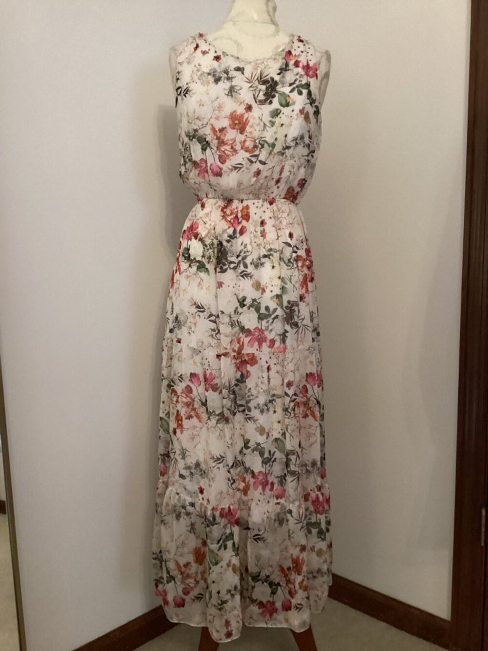 NEW! Lara G. Silk Blend Pastel Floral Print Maxi Sun Dress Ruffle Hem M BOHO